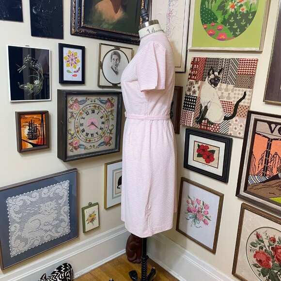 60s Vintage Pink & White Striped Short Sleeve Belted Dress With Back Zipper M - Picture 2 of 6